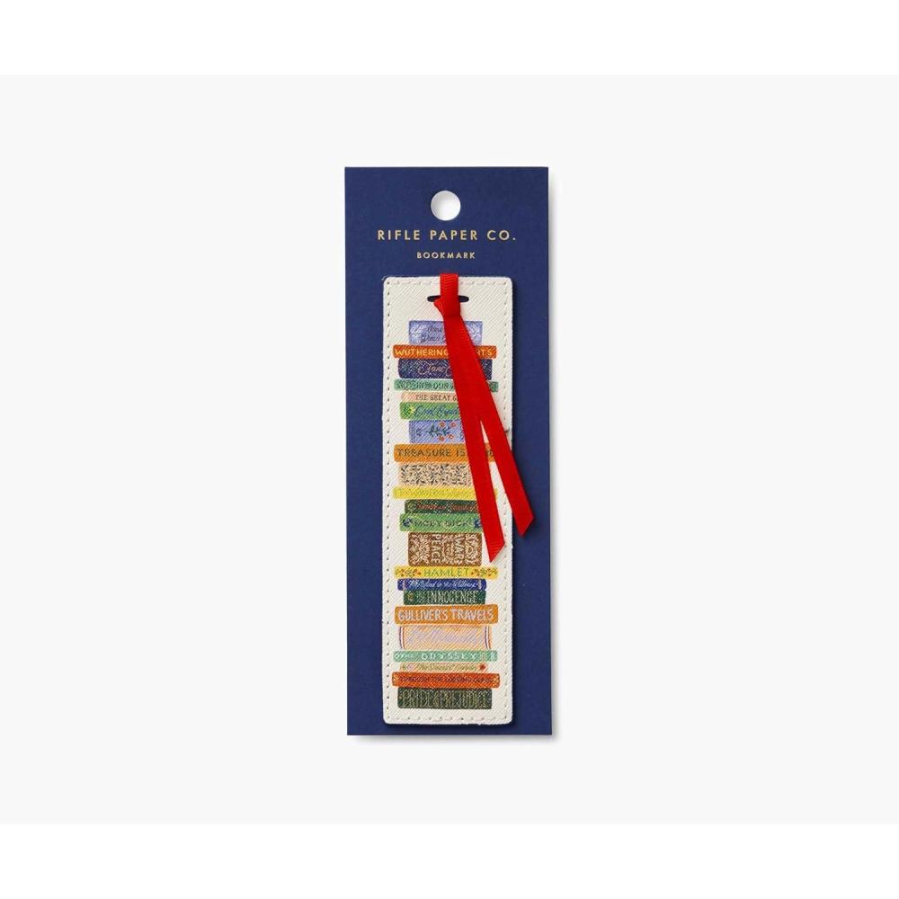 imageRIFLE PAPER CO Book Club Bookmark 6quot L x 175quot W Saffiano PU with a Grosgrain Ribbon Metallic Gold Foil Logo Perfect for Book Lovers Writers ampamp Readers
