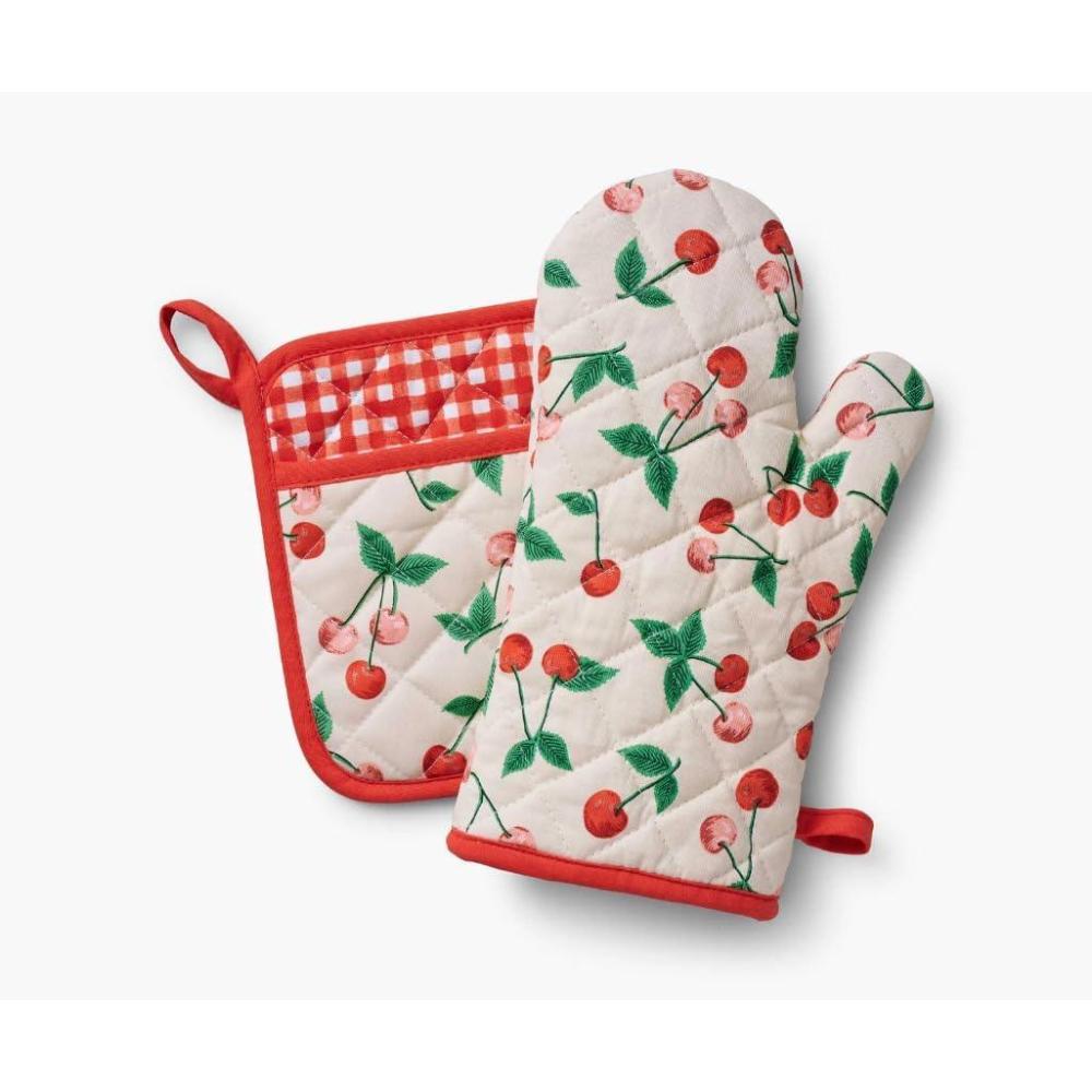 imageRIFLE PAPER CO Cherries Oven Mitt and Potholder Set  Kitchen Protection with HandPainted Cherry Design Cotton Shell ampamp Polycotton Lining HeatResistant Diamond Quilted Protects up to 450F