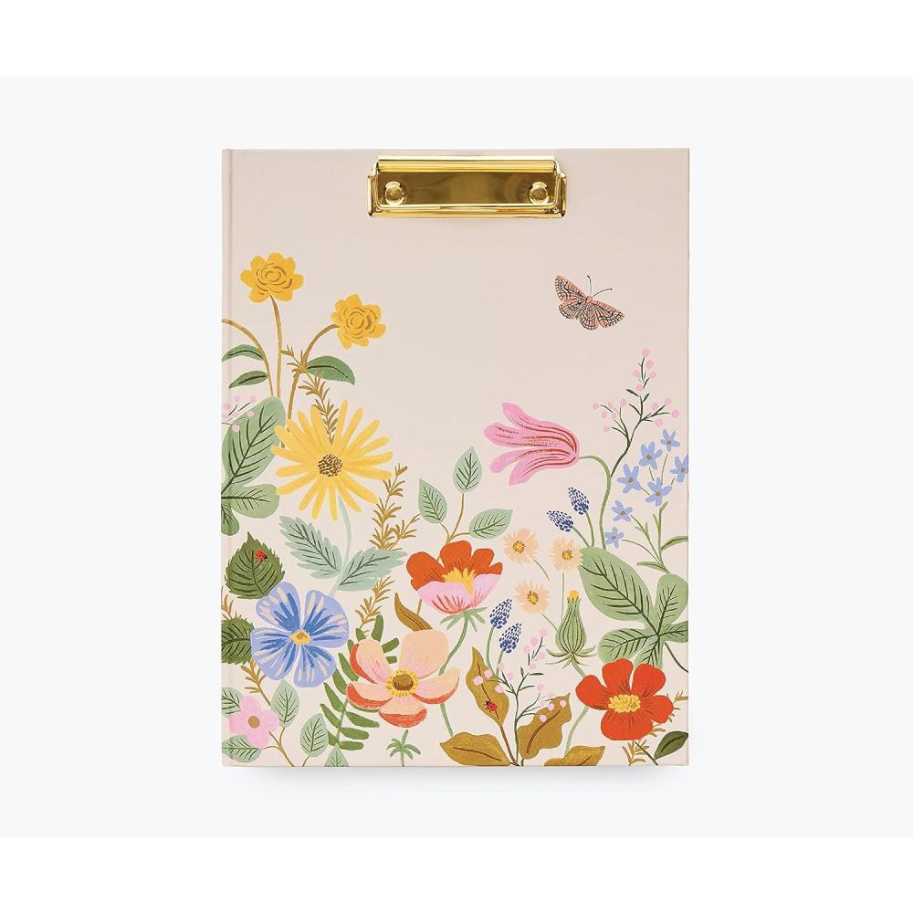 imageRIFLE PAPER CO Clipfolio Illustrated Hardcover and Contrasting Interior Features Strong Gold Clip on The Front Comes with Writing Pad with 50 Lined Perforated Sheets Strawberry Fields