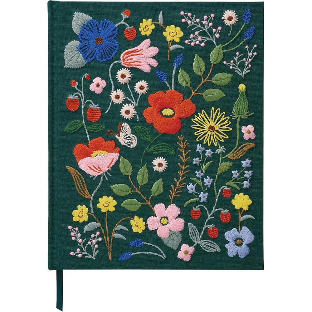 imageRIFLE PAPER CO Curio Embroidered Fabric Sketchbook 108 Blank Pages Grosgrain Ribbon Bookmark and LayFlat Binding Book Cloth Cover with 160 GSM Sketch Paper 1025quot L x 825quot WStrawberry Fields