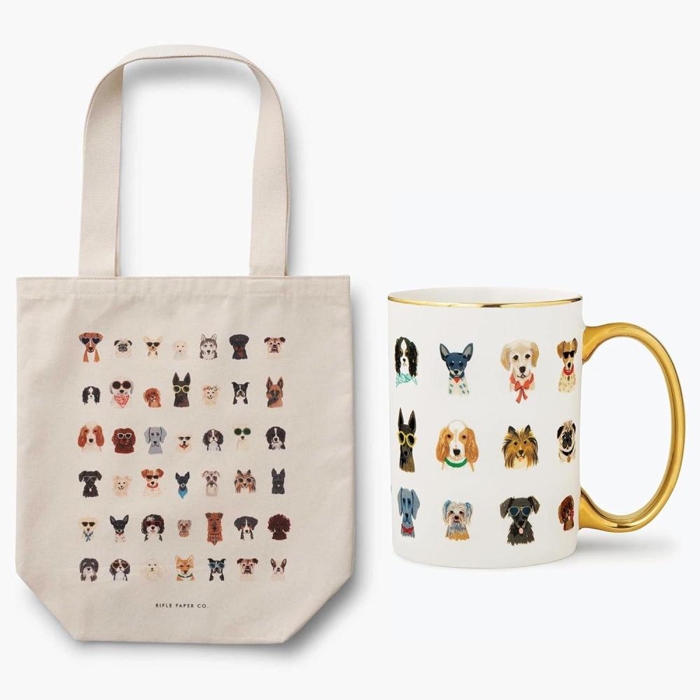 imageRIFLE PAPER CO Dog Days Canvas Tote Bag and Hot Dogs Porcelain Mug Bundle