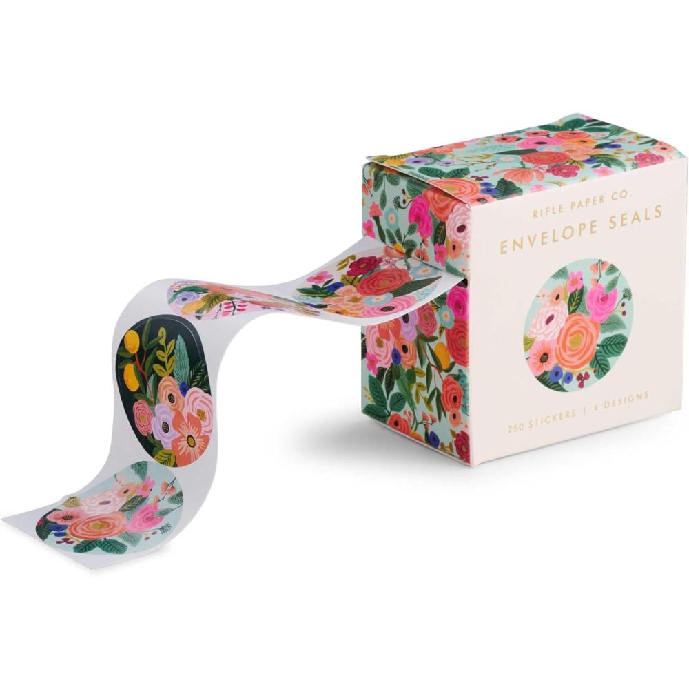imageRIFLE PAPER CO Envelope Seals  250 Seals Assorted Set of 4 Designs Adhesive Backing Box with Dispensing Slot Add a Pretty Accent to Your Correspondence 15quot W Garden PartyGarden Party