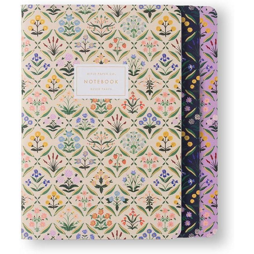 imageRIFLE PAPER CO Estee Stitched Notebook Set 85quot L x 6quot W Set Of 3 64 Ruled Pages With Gold Ink FullColor Canvas Cover With White Text Paper Interior