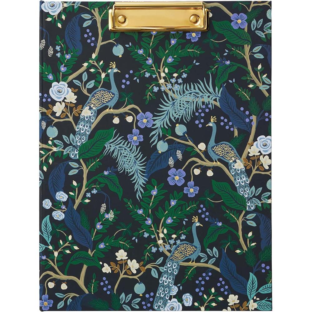 imageRIFLE PAPER CO Garden Party Clipfolio Illustrated Hardcover and Contrasting Interior Features Strong Gold Clip on The Front Comes with Writing Pad with 50 Lined Perforated SheetsPeacock