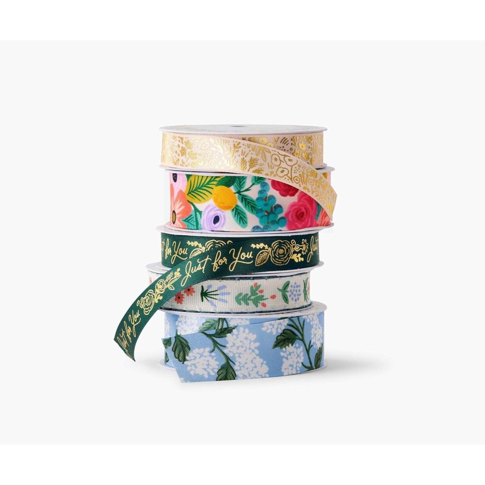 imageRIFLE PAPER CO Garden Party Floral Ribbon Set for Crafts and Gift Wrapping 5 Patterns 4 Satin and 1 Grosgrain Fabric Printed in Full Color with Metallic Gold Accents 5 Yards EachGarden Party