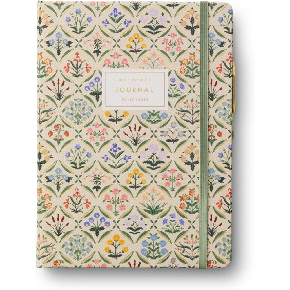 imageRIFLE PAPER CO Journal with Pen Hardcover Journal with Foil Accents 144 Pages Elastic Band Closure Pocket for Extra Storage Patterned in Floral RosaEstee