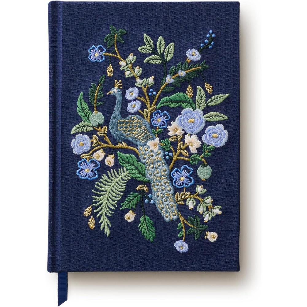 imageRIFLE PAPER CO Menagerie Garden Embroidered Journal  400 Ruled Pages Cloth Cover with Floral Embroidery ampamp Grosgrain Ribbon Bookmark LayFlat Binding 8quot L x 575quot WPeacock