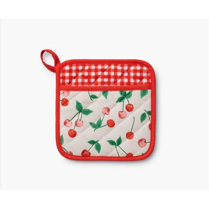 imageRIFLE PAPER CO Pot Holder Digitally Printed Cherry Pattern with Contrast Piping Quilted Diamond Construction Corner Loop for Hanging Hand Slot 8quot W x 8quot L