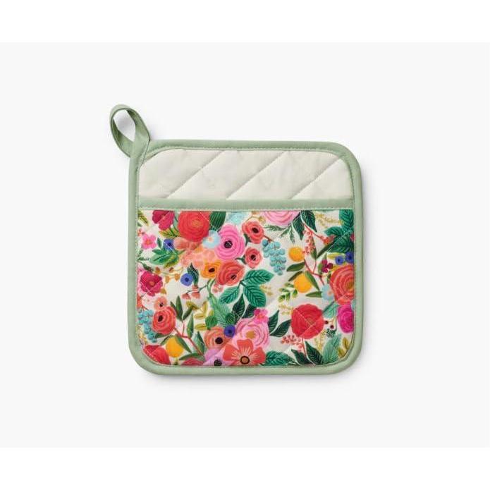 imageRIFLE PAPER CO Pot Holder Heat Resistant Digitally Printed Quilted Garden Party Pattern with Contrast Piping Corner Loop for Hanging Hand Slot 8quot W x 8quot L