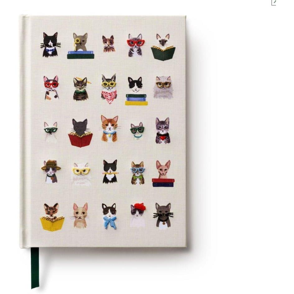 imageRIFLE PAPER CO Studious Cats Embroidered Journal 240 Lined Pages 8quot L x 575quot W Cloth Cover with Metallic Thread Embroidery Includes Grosgrain Ribbon Bookmark