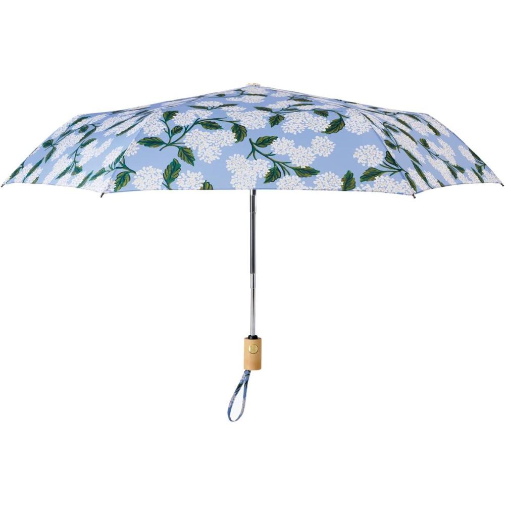 imageRIFLE PAPER CO Umbrella  Matching Storage Sleeve Portable Fold Up Size Auto Open and Close Wooden Handle 43quot Open Diameter Printed in Full Color 11quot Closed Length Hydrangea