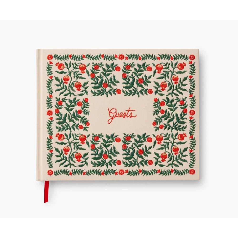 imageRIFLE PAPER CO Wildwood Embroidered Fabric Guest Book  Hard Cover Wrapped in Book Cloth ampamp Grosgrain Ribbon Bookmark LayFlat Binding 144 Ruled Pages with Metallic Gold Ink 8quot L x 575quot WChristmastide