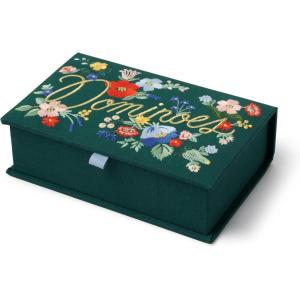 RIFLE PAPER CO. Dominoes Set | 28 Dominoes with Illustrated Designs, Packaged in Embroidered Keepsake Box, Includes Instruction Card for Games, Strawberry Fields