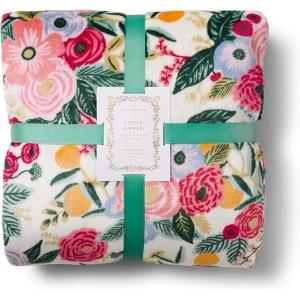 RIFLE PAPER CO. Fleece Blanket | Cozy Up in This Soft Screen Printed Floral Decorative Throw for a Layer of Warmth, 100% Polyester (80″ W X 50″ L), Rosa(Juniper Forest)
