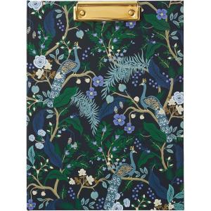 RIFLE PAPER CO. Garden Party Clipfolio, Illustrated Hardcover and Contrasting Interior, Features Strong Gold Clip on The Front, Comes with Writing Pad with 50 Lined, Perforated Sheets(Peacock)