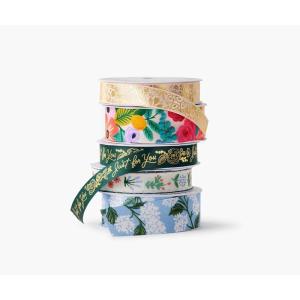 RIFLE PAPER CO. Garden Party Floral Ribbon Set for Crafts and Gift Wrapping, 5 Patterns, 4 Satin and 1 Grosgrain Fabric, Printed in Full Color with Metallic Gold Accents, 5 Yards Each(Garden Party)