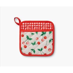RIFLE PAPER CO. Pot Holder, Digitally Printed Cherry Pattern with Contrast Piping, Quilted Diamond Construction, Corner Loop for Hanging, Hand Slot, 8″ W x 8″ L
