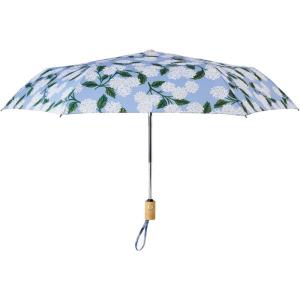 RIFLE PAPER CO. Umbrella | Matching Storage Sleeve, Portable Fold Up Size, Auto Open and Close, Wooden Handle, 43″ Open Diameter, Printed in Full Color (11⅛” Closed Length), Hydrangea