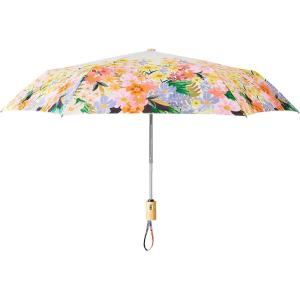 RIFLE PAPER CO. Umbrella | Matching Storage Sleeve, Portable Fold Up Size, Auto Open and Close, Wooden Handle, 43″ Open Diameter, Printed in Full Color (11⅛” Closed Length), Marguerite