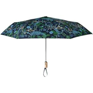 RIFLE PAPER CO. Umbrella, Matching Storage Sleeve, Portable, Auto Open and Close, Wooden Handle, Printed in Full Color(Peacock)