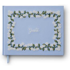 RIFLE PAPER CO. Wildwood Embroidered Fabric Guest Book | Hard Cover Wrapped in Book Cloth & Grosgrain Ribbon Bookmark, (Lay-Flat Binding, 144 Ruled Pages with Metallic Gold Ink, 8″ L x 5.75″ W)(Hydrangea)